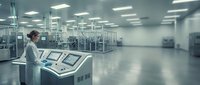 Female scientist operating control panel in modern pharmaceutical manufacturing facility with sterile cleanroom environment.