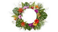Tropical wreath with vibrant hibiscus flowers, palm leaves and exotic blooms on white background. Isolated summer floral frame for greeting cards and decorations.