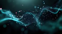 Abstract digital wave of glowing blue particles flowing on dark background, creating futuristic technology visualization for science or data concept.