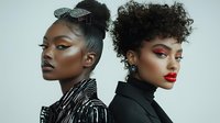 Two fashion models with curly hairstyles and bold makeup posing back-to-back against light background, showcasing contemporary beauty trends.