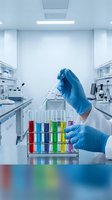 Scientist in blue gloves holding test tube with pipette above rack of colorful chemical solutions in modern laboratory setting for research and analysis.