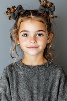 Young girl with freckles wearing gray knit sweater and hair bows smiles warmly at camera. Natural beauty portrait against neutral background shows innocence and joy.
