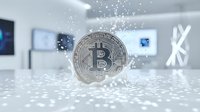 Bitcoin cryptocurrency coin floating in modern office space with digital particles and light effects for fintech presentations.