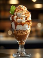 Decadent caramel sundae layered with vanilla ice cream, drizzled with salted caramel sauce, topped with whipped cream, sprinkles and fresh mint leaf against blurred background.