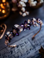 Elegant purple crystal flower headband with rose gold leaves on sheet music background, romantic wedding accessory with delicate floral details and sparkles.