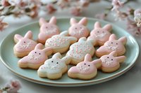 Pink bunny sugar cookies with sprinkles on mint green plate. Easter holiday treats decorated with icing and tiny dots. Cherry blossoms in background create spring mood.