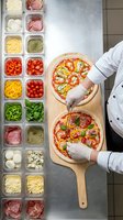 Professional chef preparing fresh pizzas with colorful toppings in commercial kitchen. Pizza making process with ingredient station for restaurant menu.