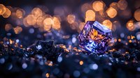 Glowing blue crystal with golden bokeh lights on dark background creates magical atmosphere, luxury jewelry concept for design and advertising.