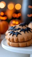 Halloween bat cookies with chocolate decoration on white plate with warm bokeh lights background for spooky autumn celebration and party treats.