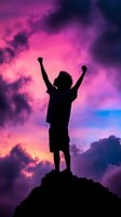 Silhouette of young boy with raised arms celebrating on hilltop against dramatic purple and pink sunset sky with clouds, expressing freedom and achievement.