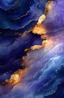 Abstract luxury marble background with gold glitter veins and deep blue swirls in fluid art style. Navy and purple watercolor texture with golden accents.