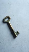 Vintage brass skeleton key on textured concrete surface with copy space for security and access concepts.