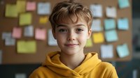 Young Caucasian boy in yellow hoodie smiling at camera with colorful sticky notes on wall behind him in classroom or study space for education concepts.