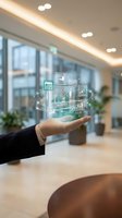 Businesswoman holding digital hologram with financial growth charts, calculator, and analytics icons in modern office workspace with natural light.