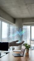 Businessperson holding glowing holographic data analytics chart with upward trending graphs and metrics in modern office workspace with windows and laptop.
