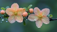Delicate peach-colored spring blossoms with morning dew drops on petals against blurred green background, macro photography showing intricate floral details and water droplets.