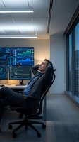 Relaxed businessman taking break in modern office with financial charts on monitors during evening work session.