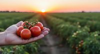 Farmer holding fresh ripe tomatoes in hand at sunset over agricultural field, harvest time concept for farming and organic produce.