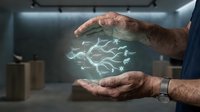 Mature male hands holding glowing brain hologram with neural connections, representing artificial intelligence, innovation, and technology concepts for business and science applications.