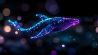 Luminous whale silhouette with sparkling particles and cosmic effects swimming through dark space with purple and blue bokeh lights creating magical atmosphere.