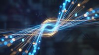 Abstract digital energy flow with glowing light trails and particle effects creating dynamic motion patterns on dark blue background for technology concepts.