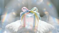 Holographic gift box with iridescent ribbon on white fur surface against dreamy bokeh background with rainbow light effects for festive celebrations.