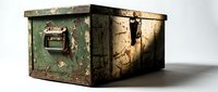 Vintage weathered metal storage box with peeling green paint and rust patina isolated on white background for antique decor and industrial design projects.