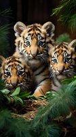 Three adorable tiger cubs with bright blue eyes peek through green foliage, showcasing their striped orange and black fur patterns in a natural forest setting.