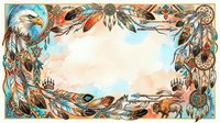 Ornamental feather frame with dreamcatcher elements, tribal patterns, and watercolor background in warm earth tones and turquoise, suitable for invitations and design projects.