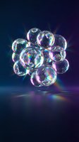 Floating soap bubbles with rainbow reflections creating magical light effects on dark gradient background for creative design projects.