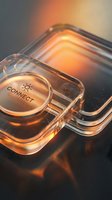 Transparent glass connect button with warm orange glow and sun icon for digital communication and networking interface design applications.