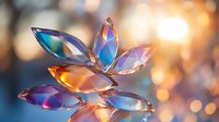 Crystal lotus flower with rainbow reflections and warm bokeh lights creating spiritual meditation atmosphere for wellness and mindfulness concepts.