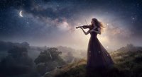 Woman violinist playing under starry night sky with Milky Way galaxy creating magical musical performance in ethereal landscape setting.