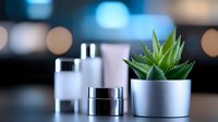 Minimalist cosmetic containers and succulent plant on dark background with bokeh lights. Modern skincare packaging concept for beauty products.