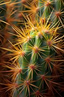 Macro view of cactus with vibrant golden spines radiating from reddish-brown areoles on green cylindrical stem, showcasing desert plant detail.