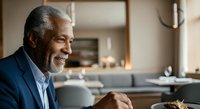 Senior African American man in business casual attire smiling indoors, suitable for corporate, lifestyle, and professional content depicting maturity, success, and confidence in modern home settings.