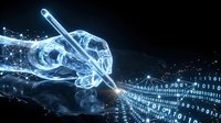 Digital signature concept with glowing pen and binary code stream representing electronic document authentication and cybersecurity technology.