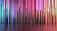 Colorful metallic bars in gradient arrangement from blue to pink and orange creating modern abstract background with reflection on glossy surface.