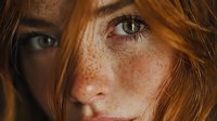 Young redhead woman with freckles and green eyes close-up portrait showing natural beauty and authentic facial features for skincare and cosmetics.