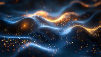 Glowing blue and orange waves with sparkling particles flow through dark space creating magical atmospheric effect for backgrounds and designs.
