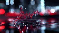 Liquid crown splash forming graph-like peak with red and blue bokeh lights background creating dramatic financial market concept visualization.