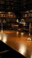 Elegant vintage library interior with brass desk lamps illuminating wooden table surrounded by towering bookshelves filled with classic literature volumes.