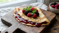 Delicious homemade crepes with fresh berries and jam on rustic wooden board. Perfect breakfast or dessert served with raspberries and blackberries.