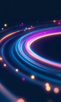 Glowing curved light trails in blue, pink and orange neon colors against dark background create dynamic motion effect with floating luminous particles.