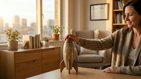Professional woman in cardigan examining wooden rocket model in modern home office with city view during golden hour sunset.