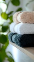 Soft folded towels in beige, white and dark green stacked on wooden shelf with blurred green leaves background, creating spa-like atmosphere for bathroom decor.