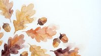 Watercolor autumn oak leaves and acorns in warm orange brown tones scattered on white background for seasonal design projects and fall decorations.