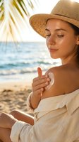 Young woman of mixed ethnicity applying sunscreen to her shoulder at the beach while wearing a straw hat and white cover-up, promoting sun protection and skincare.
