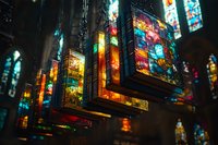 Colorful stained glass church windows illuminated from within, creating vibrant rainbow reflections and patterns in dark gothic interior. Religious architecture detail.
