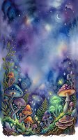 Enchanted forest floor with glowing mushrooms, magical plants, and starry night sky with crescent moon, watercolor illustration for fantasy and whimsical design projects.